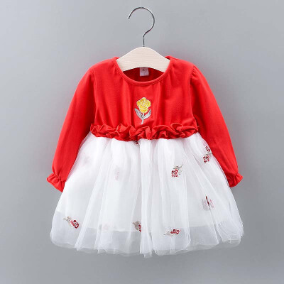 

Autumn Casual Baby Girls Long Sleeve Floral Pattern Patchwork Mesh Dress Kids Dresses