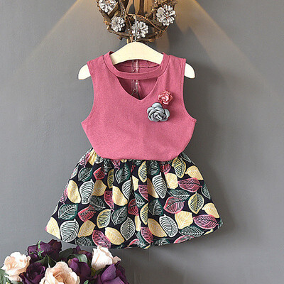 

Children Summer Girls Lovely Clothing Set Cute Solid Color Flower Wear Sleeveless Sweet TopPrint Skirt Two Piece