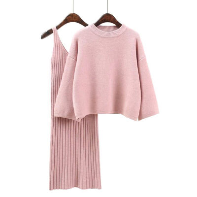 

Women Knitted Long Skirt Two-Piece Solid Color O Neck Pullover Slim Autumn Winter 2PCS Set