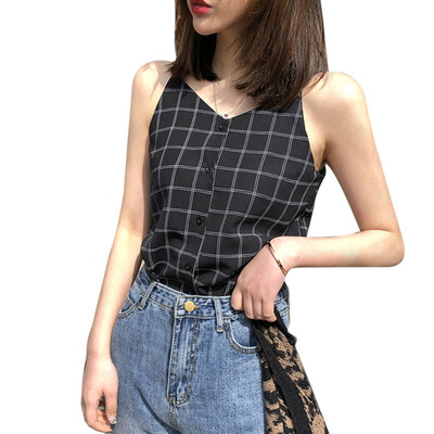 

2019 Women Summer V Neck Plaid Tops Women Sleeveless Button Beach Casual Tank Tops Vest Female Sexy Strap Chiffon Tops