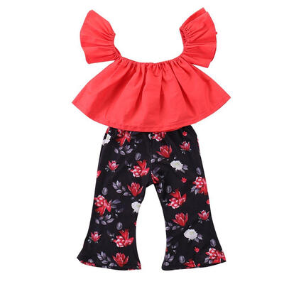 

Children Sets for Girls Cotton Red one-neck Top Black Flower Printed Pants High Quality Clothes