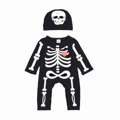 

2 PCS New Newborn Baby Boy Girl Halloween Rompers Long Sleeve Black Cotton Jumpsuits Skull Playsuit Novelty Outfit 0-24M