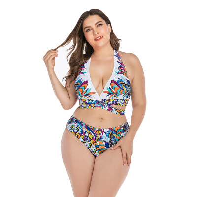 

Women Tankini Printed Halter Top High Waist Bikini Swimwear Lady Wire Free Padded Bra Plus Size Swimsuit Beach Suit