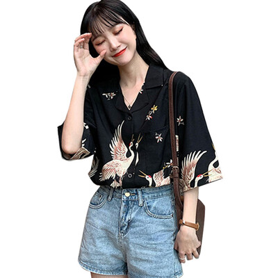 

Women Blusas Tops Red crowned Crane Print Chinese Style Shirt 2019 Short Sleeve V Neck Chiffon Blouse Female Vintage Shirts