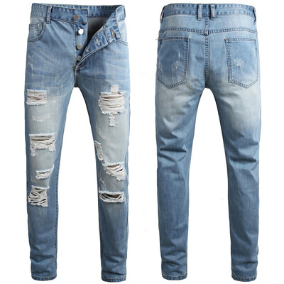 

Gobestart Mens Casual Denim Straight Hole Jeans Multi-button Trousers Long Pant