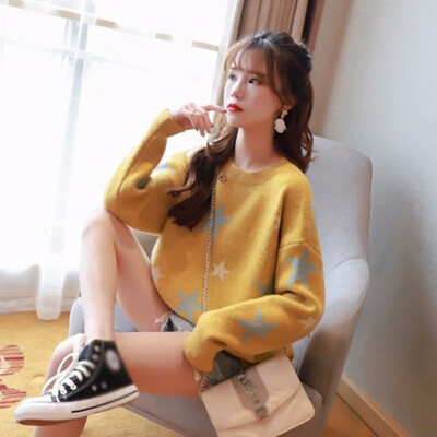 

Casual Women Sweater Long Sleeve Loose Knit Pullovers Fashion Autumn Winter Round Neck Print Sweater