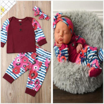 

Winter Outfits Clothes Floral TopsLong PantsHeadband for Newborn Baby Girls UK