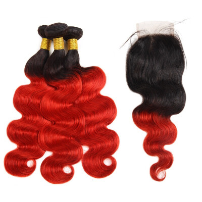 

Ishow 8A Brazilian Hair Weaves Extensions 3 Hair Bundles with Closure T1bRed Body Wave Human Hair