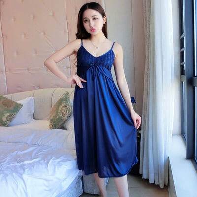 

Women Plunge V-neck Sexy Sleepwear Fashion Sleeveless Solid Royal Blue Dress Nightgown women Mid-Calf nightdress Home Wear