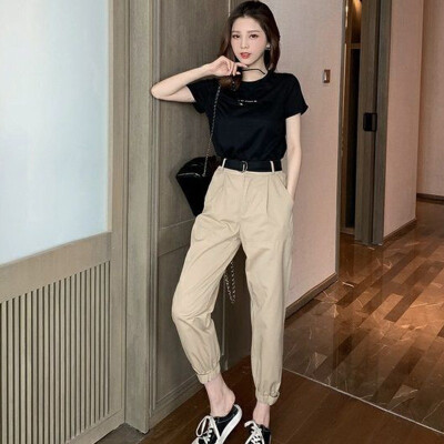 

T-Shirt Casual Slim Solid Color Waist Harem Pants Two-Piece Summer Fashion New Simple And Comfortable