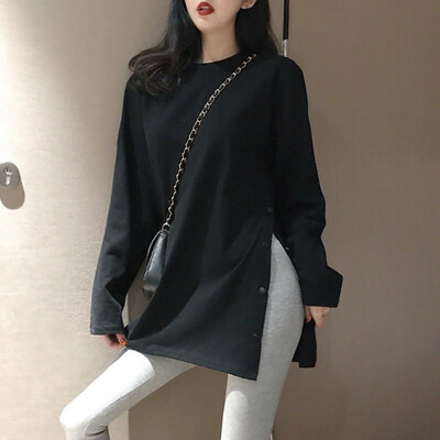 

Women Solid Slim T-Shirt Autumn Long Sleece Female Irregular Split Tee Shirt Solid Color Streetwear Tee Shirt Casual Tops
