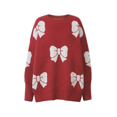 

Sweet Style Bow Pattern Womens Knit Pullover Fashion Trend Round Neck Long Sleeve Sweater Cardigan Knitting Coats