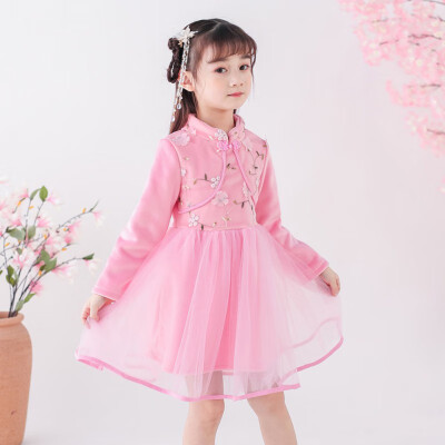 

Children Dress 1-7T Autumn Winter Girls Cute Mesh Stitching Plus Velvet Embroidery Princess Long-Sleeved Sweet Cheongsam Dress