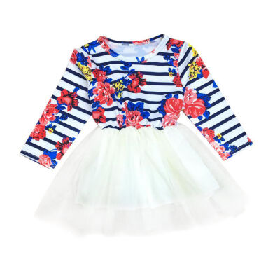 

Spring Autumn Casual Fashion Baby Girl Striped Flower Printing Long Sleeve Princess Mesh Dress