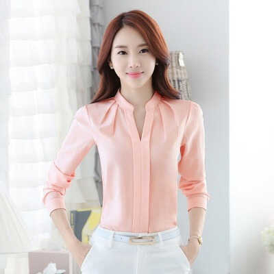 

Autumn Women Tops Long Sleeve Casual Chiffon Blouse Female V-Neck Work Wear Solid Color White Office Shirts For Women