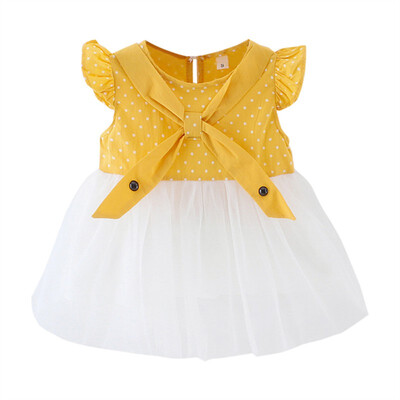 

Children Summer Girls Dress Print Bow Cute Mesh Stitching Bottoming Short Sleeve Sweet Princess Dress