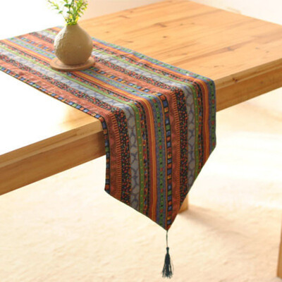

Red Blue Cotton Linen Decorative Table Runner With Tassels Southeast Asia Style Mixe-Color Boho Stripes Table Runner Table Flag
