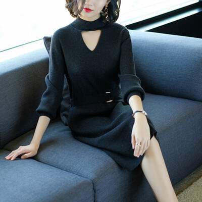 

Autumn Women Long Sleeve Knitted Sweater Dress O-Neck Sexy Vintage Solid Color Belt Winter Slim Solid Bodycon Elegant Vestidos