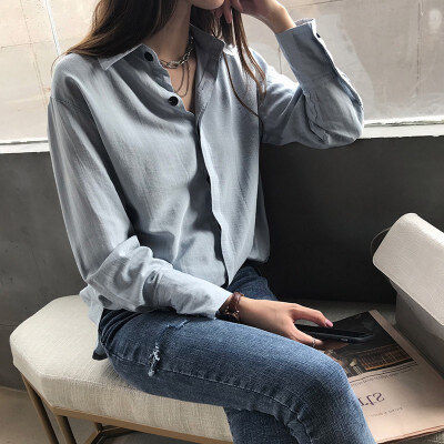 

Summer Solid Color Casual Shirt Loose Single-breasted Long Sleeve Lapel Blouse Loose Tops solid color for female