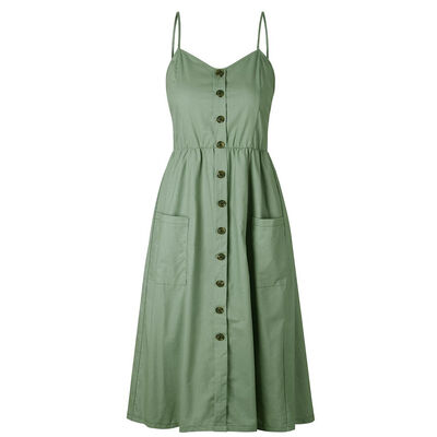 

Women Striped Solid Swing Dress with Pockets Summer Backless Button Sundress