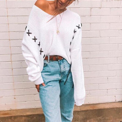 

Fashion Long-sleeved V-neck Dew Shoulder Sweater Casual Solid Pullovers Knitted Cotton Sweaters