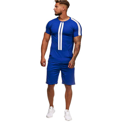 

Toponeto Mens Summer Leisure Stripe Color Collision Short Sleeve Shorts Sports Thin Sets