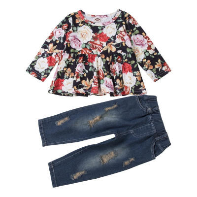 

Toddler Baby Girl Floral Tunic Tops Long Sleeve Ruffle Tunic Dress Ripped Hole Jeans Denim Pants 2Pcs