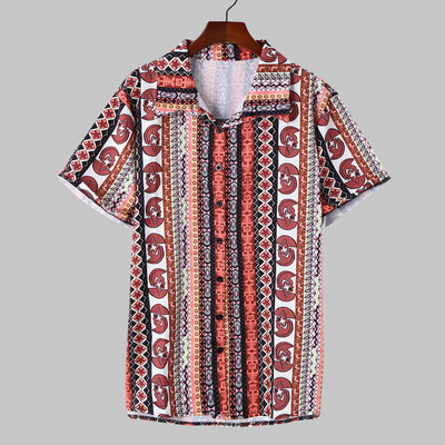 

Tailored Mens Ethnic Printed Stand Collar Colorful Stripe Short Sleeve Loose Shirt