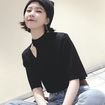 

Womens Vintage Fashion Turtleneck Hollow Out Short Sleeve T-Shirt
