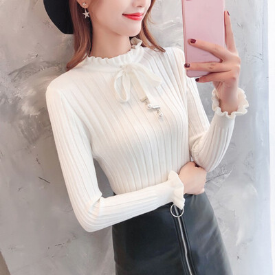 

Women Sweater Autumn Long Sleeve Bow Collar Casual Slim Elegant Sweater Winter Knitted Sweater Lace Up Female Pullover