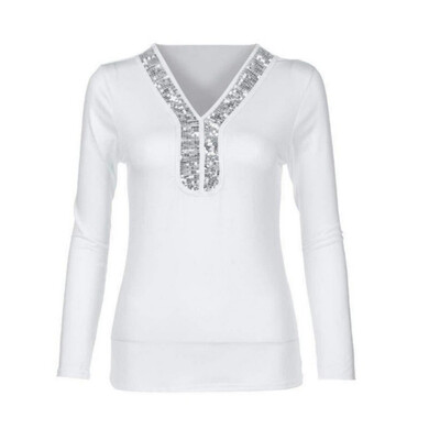 

Women Fashion Sequined Patchwork Tshirt Casual Long Sleeves V Neck Elegant Tshirt Female Autumn Winter Tops Clothing
