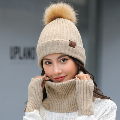 

Hat woman winter scarf gloves three-piece Korean version joker style knitted hat warm ear protection lovely woollen hat