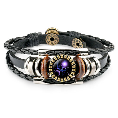 

Retro Leather Rope Twelve Constellations Time Gem Weaving Bracelet Fashion Wild Men Women Accessories