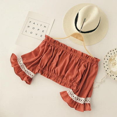 

Korean Summer Blouse Woman Spring Slash Neck Half Flare Sleeve blusas Solid Chiffon Ruched Womens Tops And Blouses Harajuku