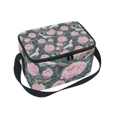 

ALAZA Insulated Lunch Box Crane Birds Peony Flowers Lunch Bag for Men Women Portable Tote Bag Cooler Bag