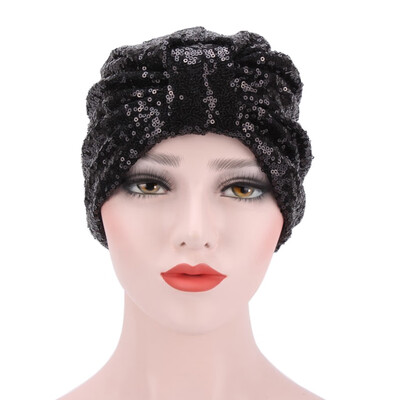 

6 Colors Muslim Women Sequin Shiny Head Scarf Cotton Pleated Turban Hat Cancer Chemo Head Wrap
