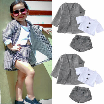 

AU Baby Girls Kids Plaid Short Sleeve Tops Pants Coat Formal Outfit Clothes 3PCS