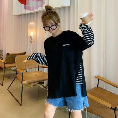 

Autumn Fake Two Pieces T-shirt Long-sleeved Female Korean Preppy Loose Casual Basic Stitch Tee Shirt Femme