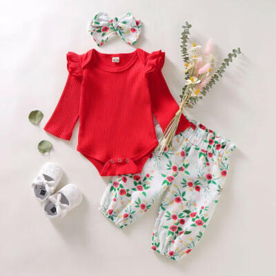 

Newborn Infant Baby Girl Floral Outfit Clothes Romper TopsPantsHeadband Set
