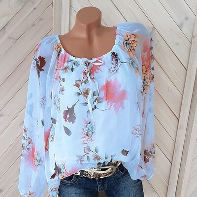 

Women Summer Autumn Long Sleeve O Neck Women Lace Up Floral Print Irregular Shirts 3XL Plus Size Women Tops Tee