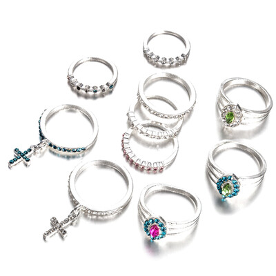 

10 Sets Fashionable Full Drill Cross Horse Eye Suit Ring
