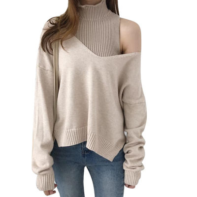 

2019 Autumn Sweater Two-Piece Turtleneck Knit Long Sleeve Loose Jumper Hollow Sexy Oblique Shoulder Pullover Sweater Women