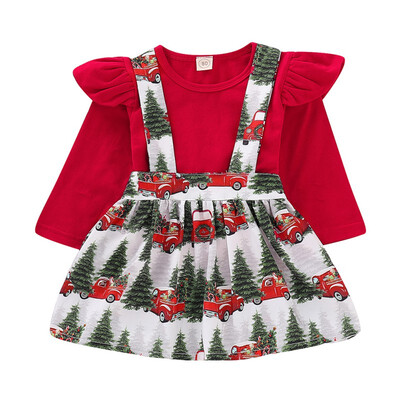

2019 Christmas Dress Lovely Toddler Kids Baby Girls Red T Shirt TopsChristmas Car Print Suspender Braces Skirt Overalls