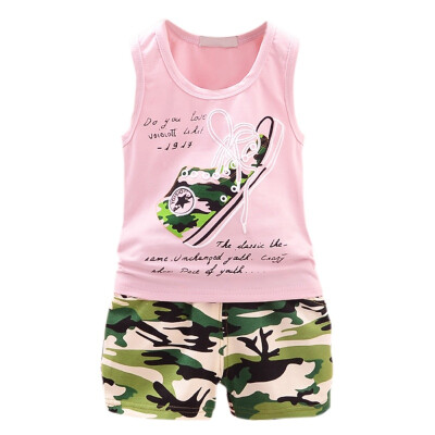 

2PcsSet Summer Baby Boys SleevelessCotton Camouflage Shoes Print Tops Blouse VestShorts Casual Outfits Sets