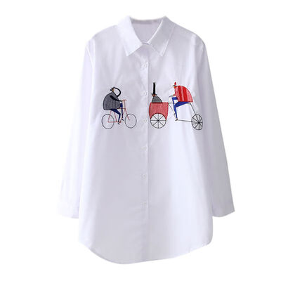 

Women White Shirt Button Up Turn Down Collar Long Sleeve Cotton Blouse Embroidery Feminina