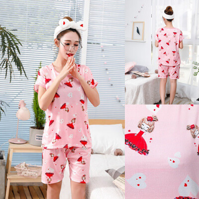 

Cartoon Print Women Pajama Sets Female Home 2 Pieces Set Crop Top Shorts Loose Elastic Waist Shorts Lounge pijama mujer