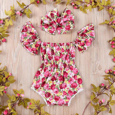 

Newborn Baby Summer Floral Girl Clothes Jumpsuit Romper BodysuitHeadband Outfit