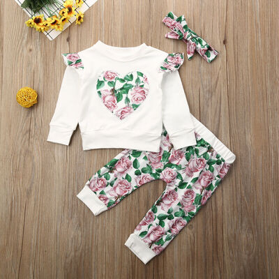 

3Pcs Newborn Baby Girl Floral Clothes Ruffle Top T-shirt Pants Outfit Autumn