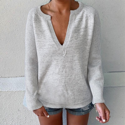 

Women Casual Knitted Sweater Solid Pullover Long Sleeve O-neck Drop Shoulder Basic Tunic Tops Grey