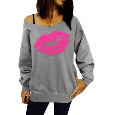 

fashion Hoodies Women Sweatshirt Casual Sexy Lip Print Pullover Inclined Shoulder Long Sleeve Top